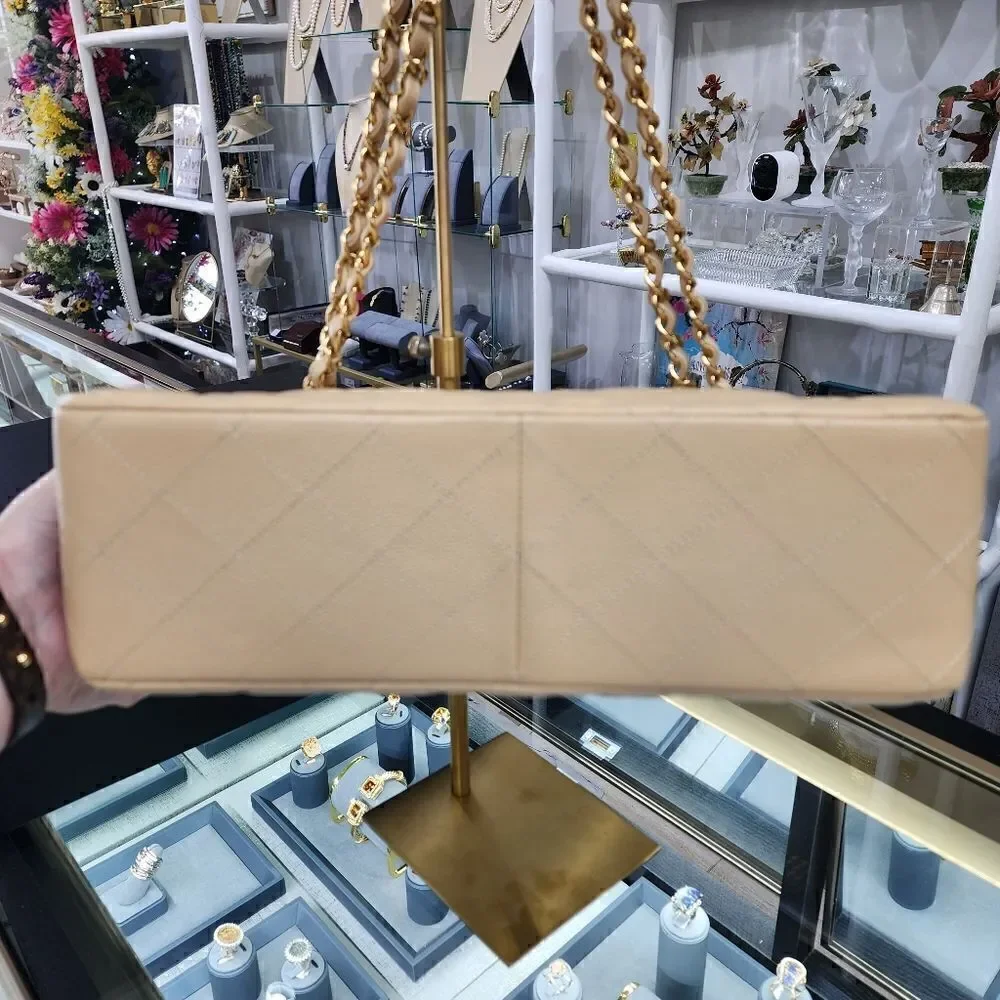 NWTS!AUTHENTIC Chanel Double Flap Beige Caviar Quilted Gold Purse/Shoulder Bag